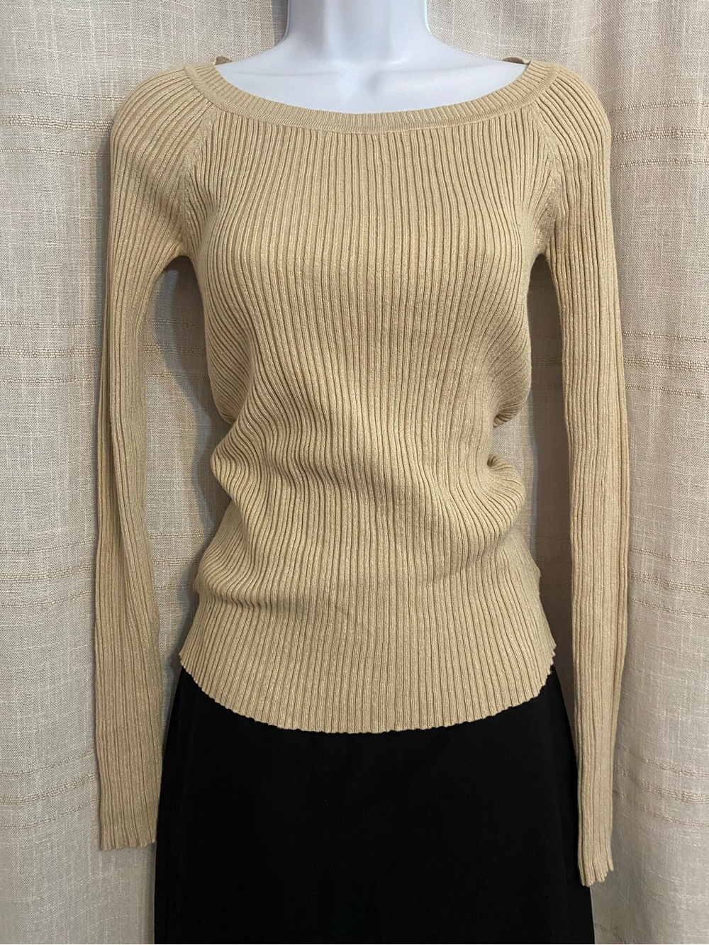 Vintage Y2K Bongo Tan Beige Ribbed Off The Shoulder Knit Sweater Medium M